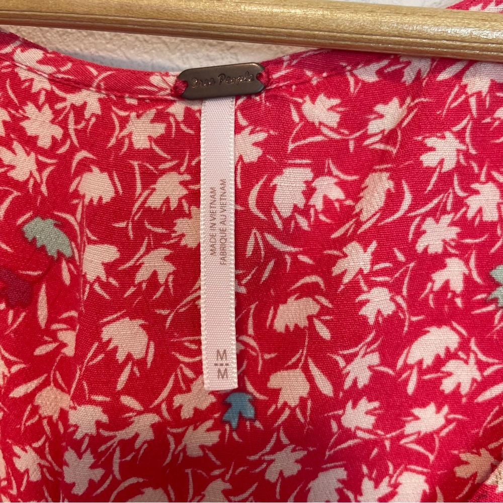 Free People In Full Bloom Red Combo Dress Floral Deep V Neck Flowy Medium **FLAW - Picture 8 of 10